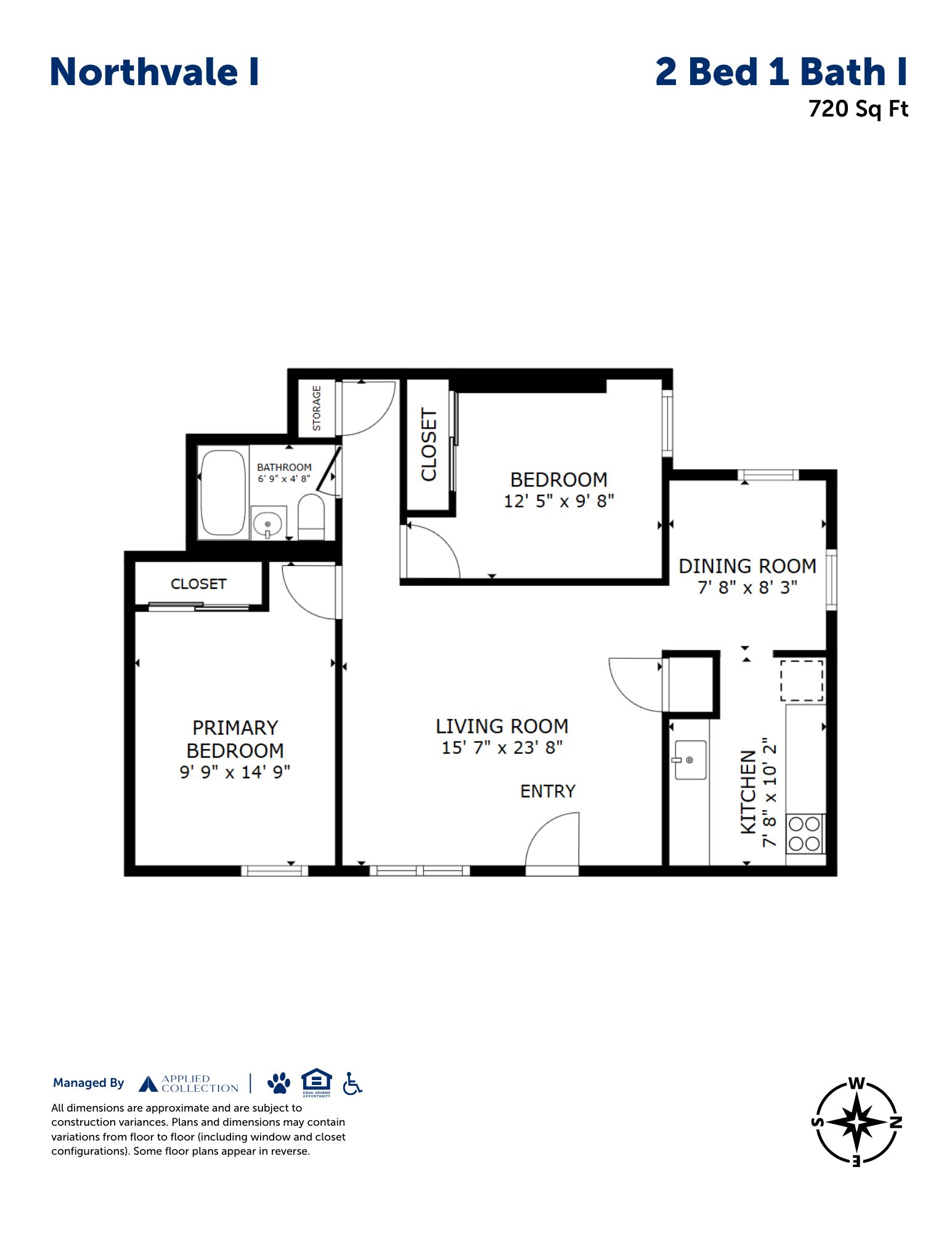 Floor plan for 2 beds, 1 bath, 720 sqft